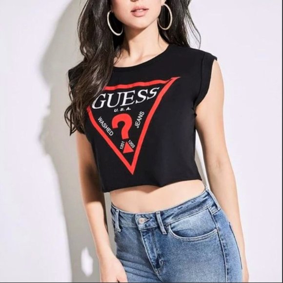 GUESS x JLo Black Cut Off Crop Top with Classic Logo - Picture 1 of 11